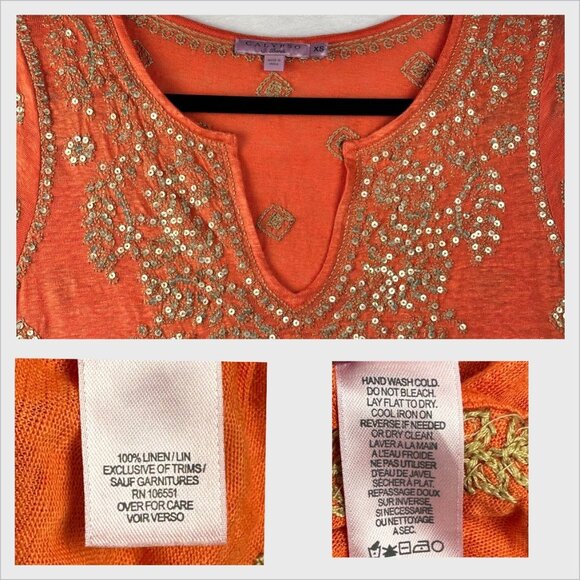 Calypso St. Barth Embroidered Sequined Linen Top Orange Gold Beaded XS Boho Chic - Picture 5 of 9